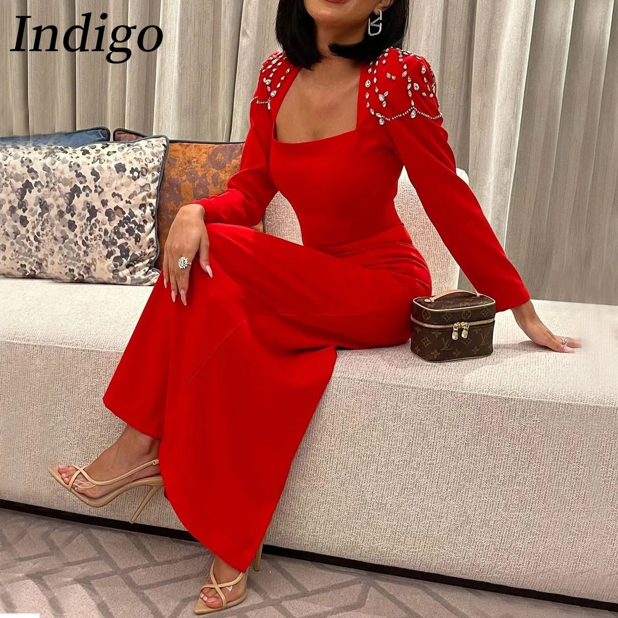 Top Trends: Indigo Square Neck Evening Dresses Long Sleeves Floor-Length Back Slit Beads Women Saudi Elegant Gown 2024 Vestidos De Gala Shoppable Styles