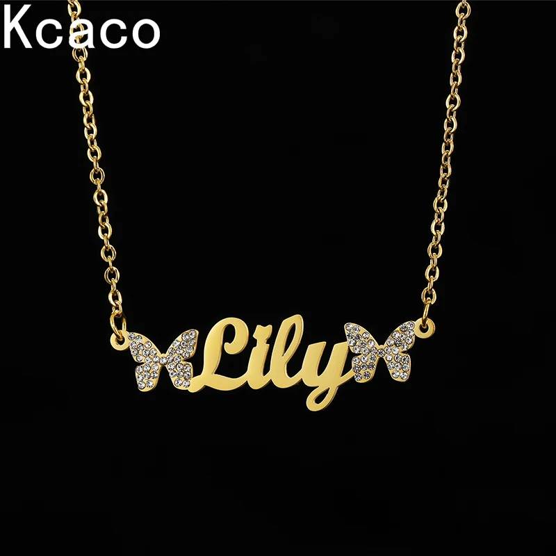 Top Trends: Kcaco Personalized Name Stainless Steel Necklace With 2 Crystal Butterfly Customized Letter Zircon Pendant Choker For Women Gift Shoppable Styles