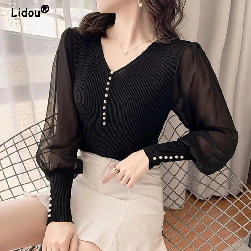 Top Trends: Summer Autumn 2022 All-match Chiffon Splicing Knitted Temperament Pullovers For Women 2022 New Office Lady Shirt T-Shirt Tops Shoppable Styles