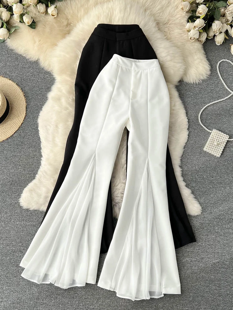 Top Trends: Autumn Women Mesh Patchwork Irregular Flare Pants Female Elegant High Waist Street Style Trousers New Fashion Shoppable Styles