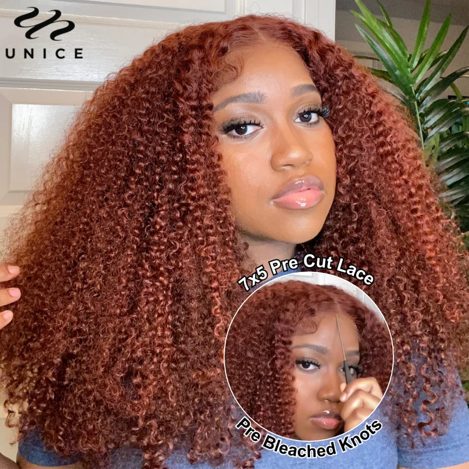 Top Trends: 7x5 Inch Bye Bye Knots Lace Wig Pre Cut Pre Plucked Human Hair Lace Front Wig Reddish Brown Jerry Curly / Kinky Curly Wig Shoppable Styles