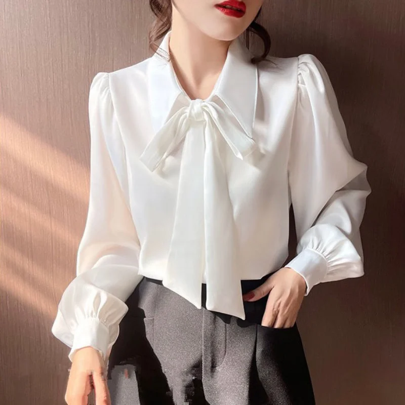 Top Trends: Bow Chiffon Blouse Spring Autumn New Long Sleeve Solid Color All-match White Shirt Tops Elegant Fashion Sweet Women Clothing Shoppable Styles