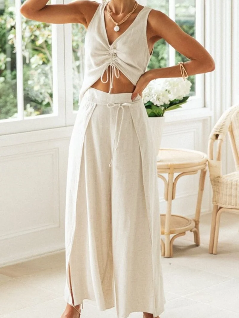 Top Trends: Casual Fashion Two Piece Set Women Cotton Linen Drawstring V Neck Crop Top Split Lace Up Pant Wide Leg Trousers Women 2023 Shoppable Styles