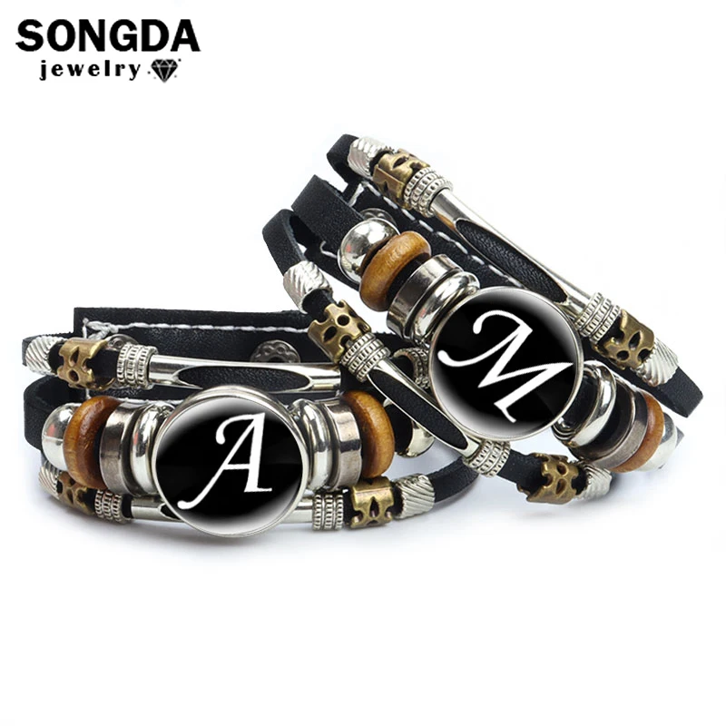 Top Trends: A-Z English Letters Leather Bracelet 26 Initial Letters Cabochon Glass Black Color Snap Bracelet Women Men Couple Wristband Gift Shoppable Styles