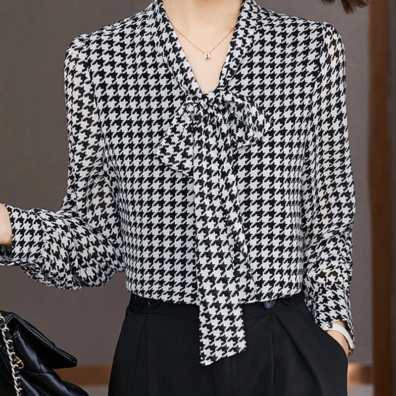 Top Trends: Office Lady Plus Size Fashion Thousand Bird Plaid Shirt Neckline Lace-up Thin Chiffon England Style Bow Lantern Sleeve Printing Shoppable Styles - Image 3