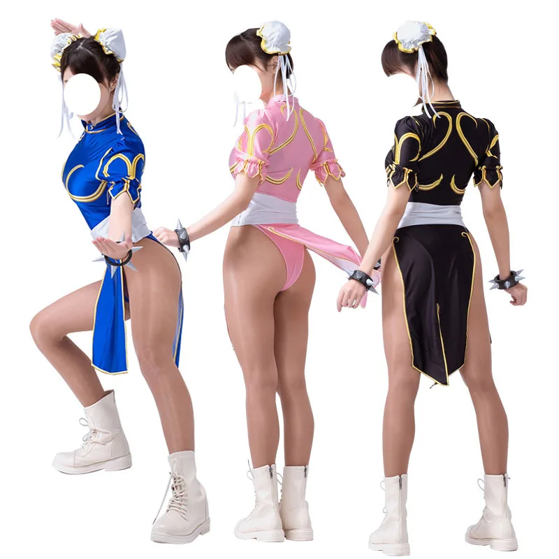 Top Trends: Games Chun Li Cosplay Costumes Blue Pink Cheongsam Dress Belt Headgear With Women Girls Clothes Halloween Party Sutorito Faita Shoppable Styles