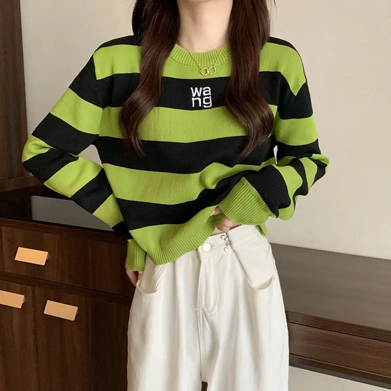 Top Trends: Fashion O-Neck Embroidery Letter Striped Sweaters Female Clothing 2023 Autumn Loose Korean Pullovers Casual Tops Shoppable Styles