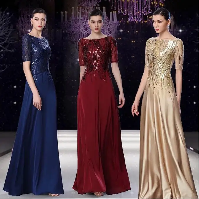 Top Trends: Golden Burgundy Mother Of The Bride Dresses Satin Half Sleeves O Neck A-Line Blue Sequin Formal Prom Gowns For Wedding Guest New Shoppable Styles