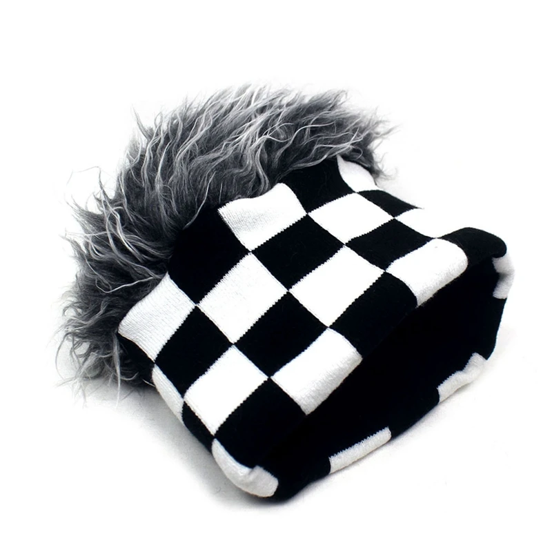 Top Trends: Autumn And Winter Men's Youth Headwear Personality Funny Hip-hop Hat Plaid Stripe Prinetd Knitted Elastic Beanise Hat With Wig Shoppable Styles