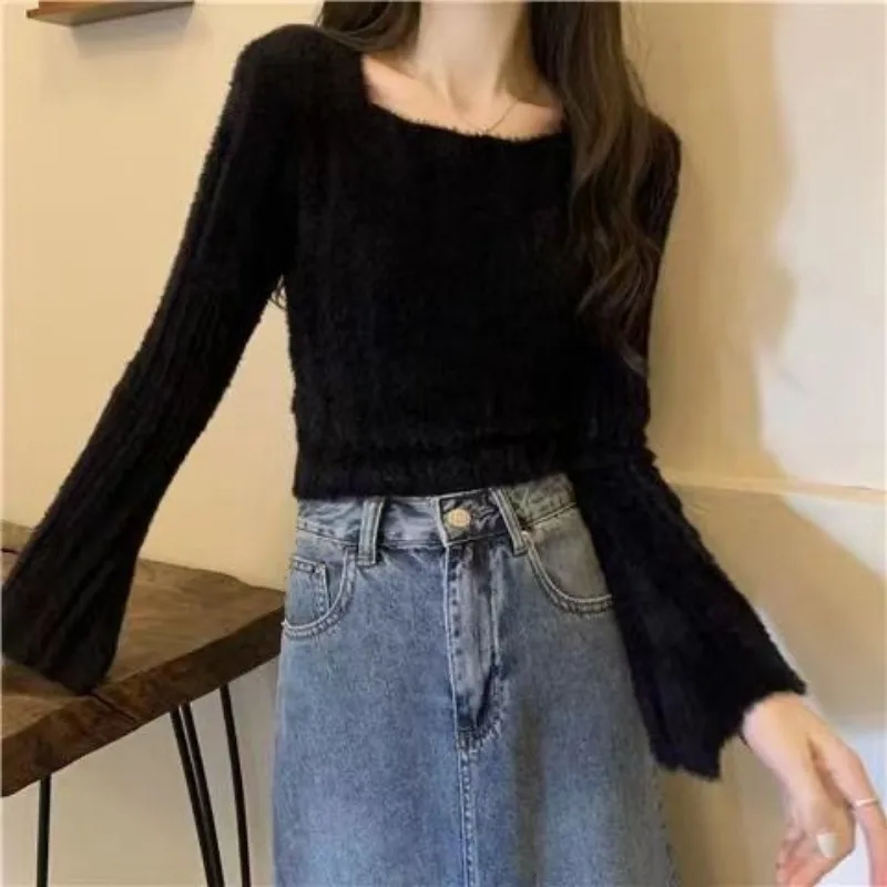 Top Trends: Women&#039;s Autumn Winter Fashion Simple Solid Color Square Neck Temperament Versatile Long Sleeved Slim Fit Short Sweater Knit Tops Shoppable Styles