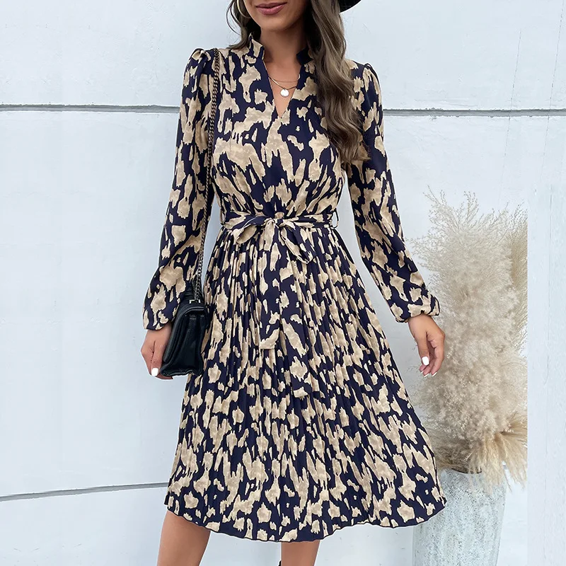 Top Trends: Fashion Women's Clothing 2023 Autumn New V-Neck Pleated Print Long Sleeve Elegant Bandage Pullover A-line Knee Length Dresses Shoppable Styles