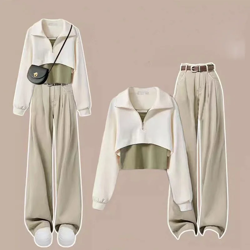 Top Trends: Autumn Set Female Student Korean Version Loose Two Piece Layup Sweater High Waist Wide Leg Pants Three Piece Set Winter Clothes Shoppable Styles - Image 3