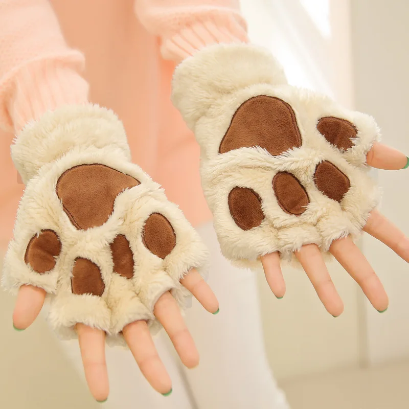 Top Trends: Women Cute Bear Plush Cat Paw Claw Gloves Winter Warm Soft Kitten Fingerless Mittens Half Finger Gloves Christmas Halloween Gift Shoppable Styles