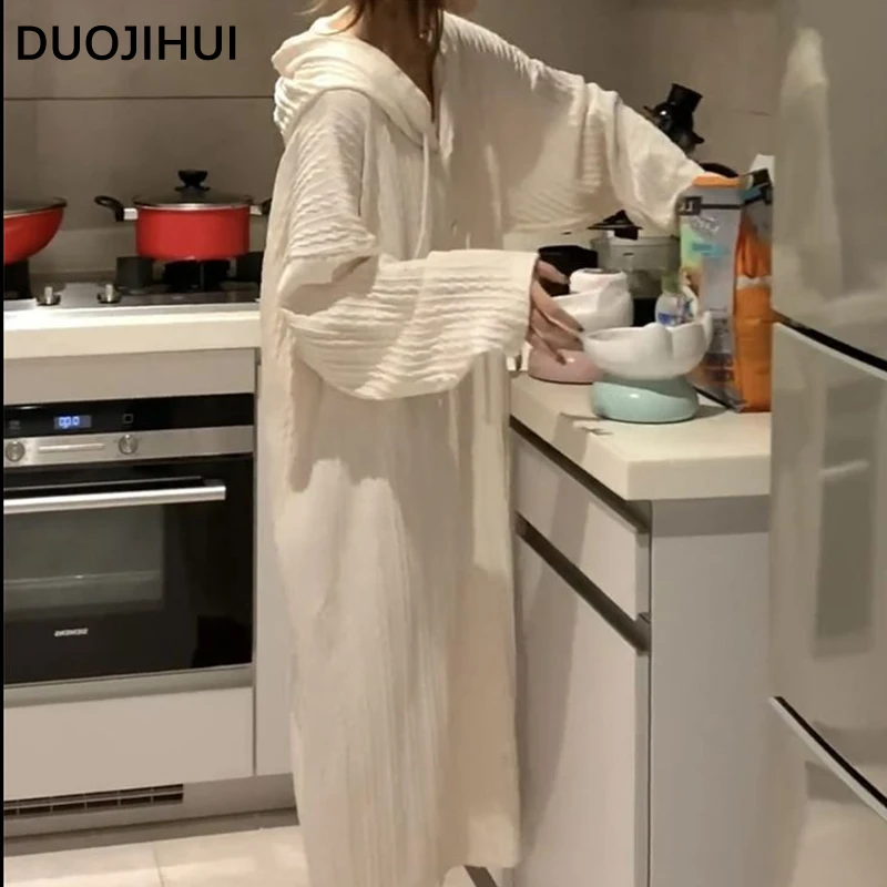 Top Trends: DUOJIHUI White Fashion Hooded Drawstring Stripe Loose Female Nightgowns Autumn Sweet Simple Casual Solid Color Women's Sleepwear Shoppable Styles