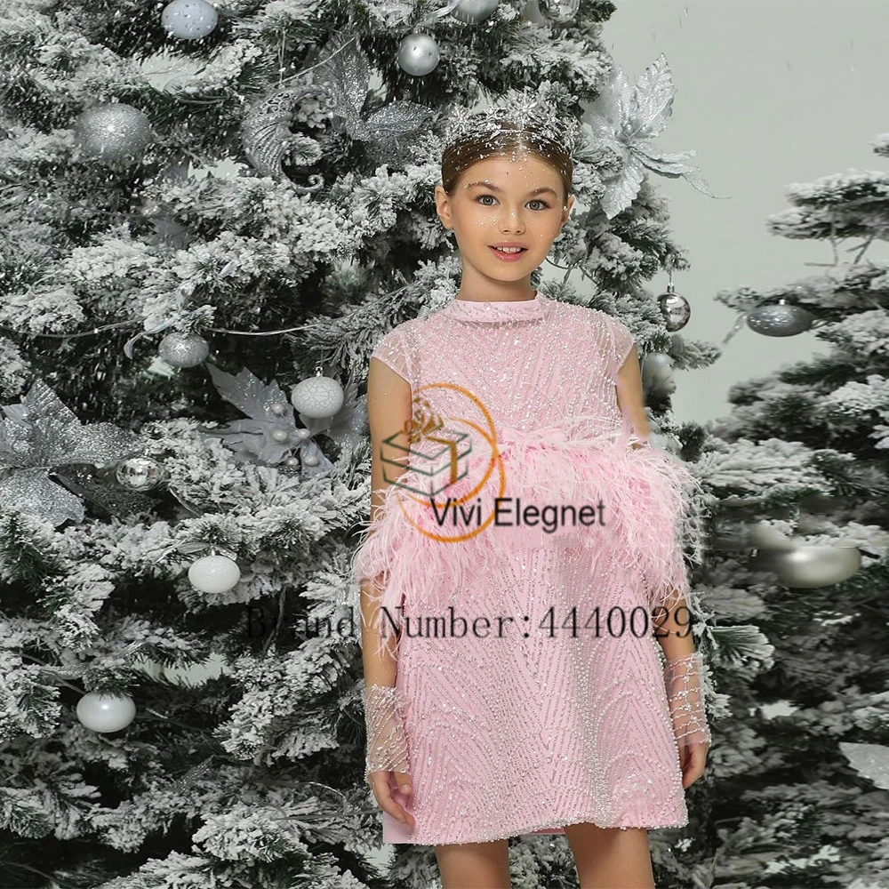 Top Trends: Exquisite High Neck Sheath Flower Girls Dresses With Feather Knee Length Sleeveless Christmas Gowns With Beading 2023 Winter New Shoppable Styles