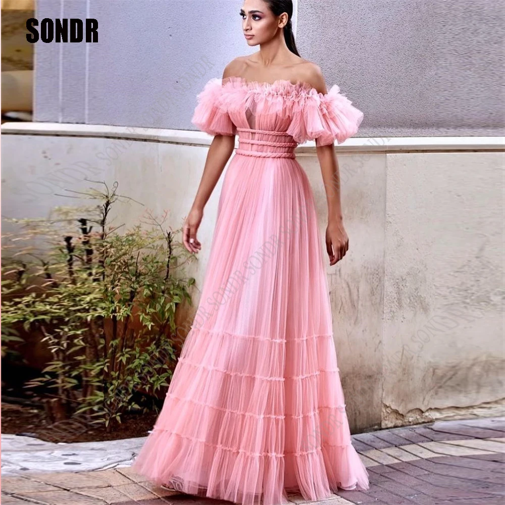 Top Trends: SONDR Baby Pink Long Prom Dresses Off Shoulder A Line Evening Gowns Tulle Strapless Custom Back Dreamy Formal Party Dress 2023 Shoppable Styles