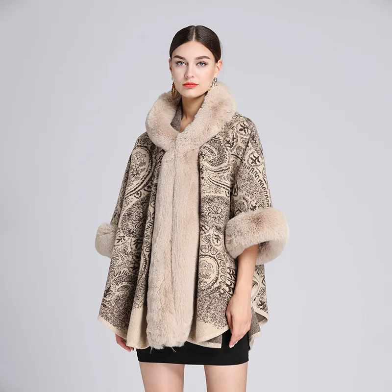 Top Trends: Autumn Winter New Imitation Otter Rabbit Fur Collar Jacquard Hooded Shawl Cape Imitation Wool Ponchos Beige Capes Women Cloak Shoppable Styles