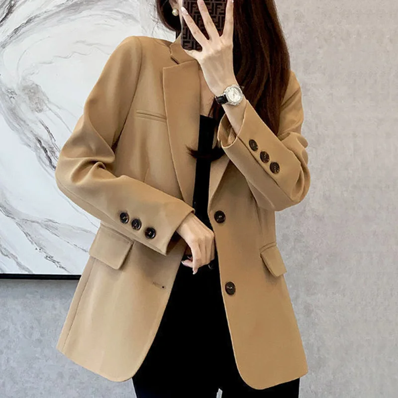 Top Trends: Fashion Loose Button Pockets Korean Blazer Female Clothing 2023 Autumn New Casual Tops All-match Office Lady Blazers Shoppable Styles