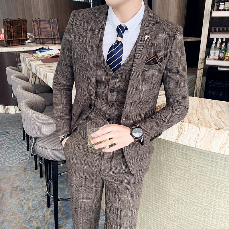 Top Trends: S-7XL (Jacket+ Vest+ Pants) Fashion Boutique Lattice Formal Business Mens Suit 3pcs Set Groom Wedding Dress Plaid Suit Show Stage Shoppable Styles