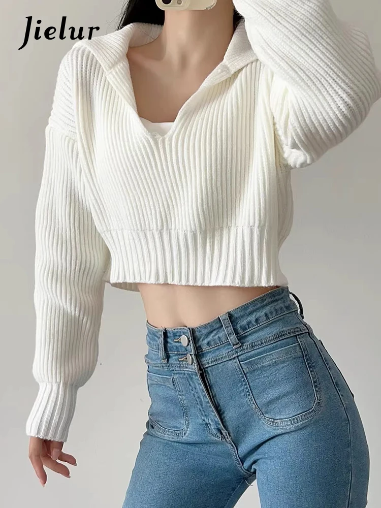 Top Trends: Jielur French Loose Solid Color Women Pullovers V-Neck Knitted Sexy Pullovers Woman White Black Grey Khaki Korean Sweater Female Shoppable Styles