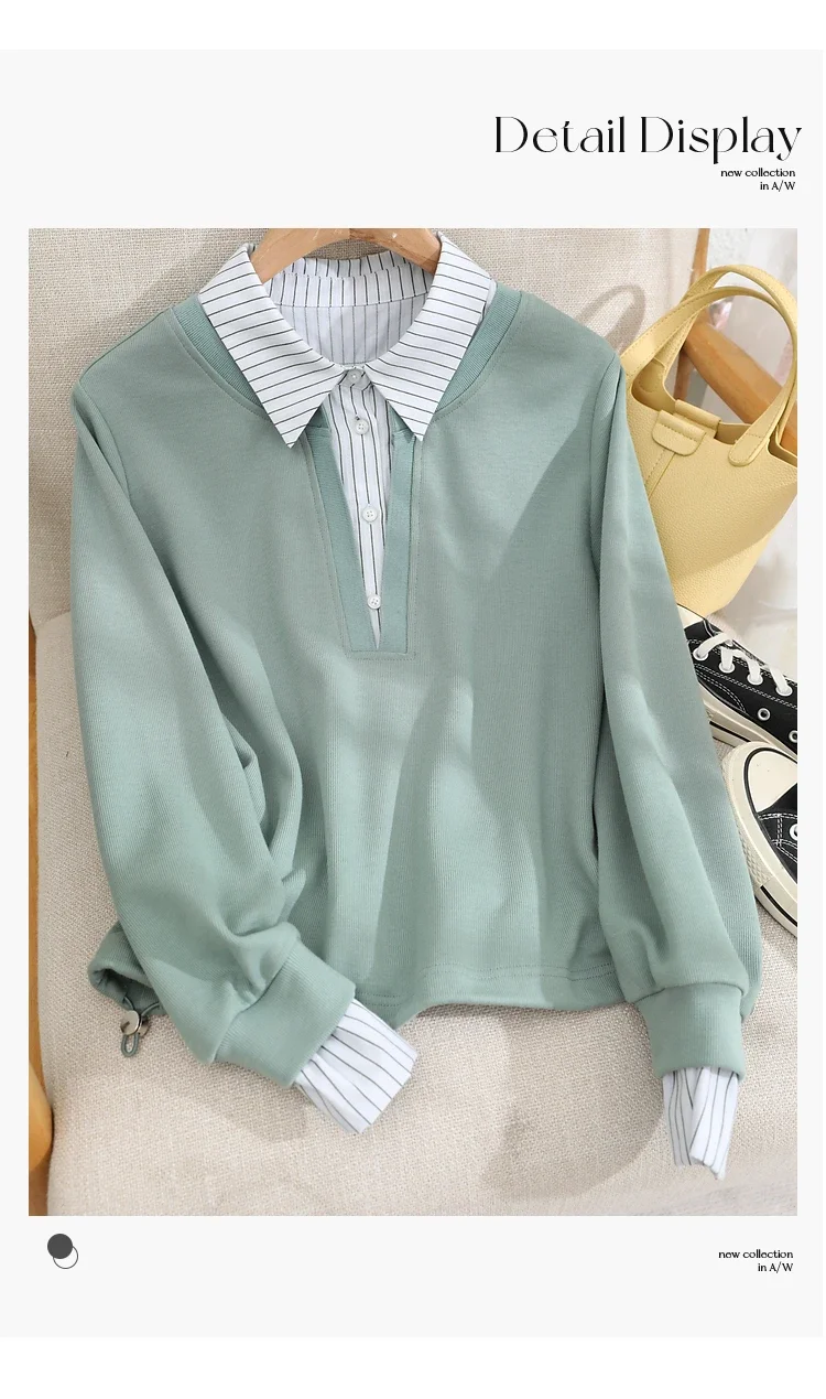 Top Trends: Vimly Striped Shirt Collar 2 In 1 Pullover Sweatshirts For Women Spring Autumn Elastic Hem Fake Two Piece Long Sleeve Top M2698 Shoppable Styles - Image 6