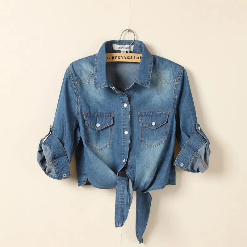 Top Trends: Casual Cropped 100% Cotton Denim Shirts For Women Summer Half Sleeves Lace Up Shirt Female Fashion Vintage Blouse Top 2023 Shoppable Styles