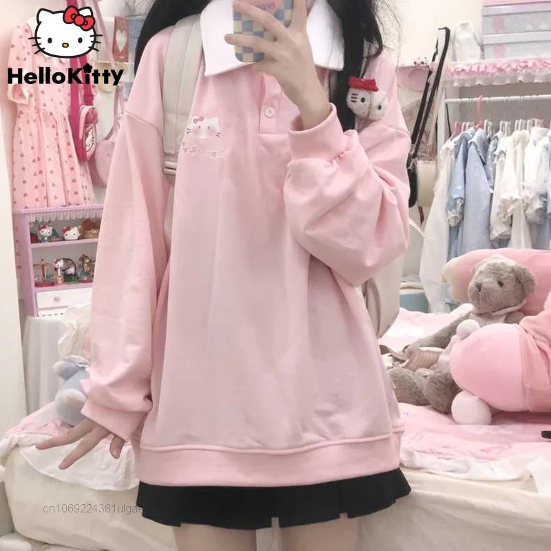 Top Trends: Sanrio Hello Kitty Long Sleeve Polo T-shirts College Style Y2k Spring Clothes Loose Tops Women Cartoon Print Kawaii Tees Shirts Shoppable Styles