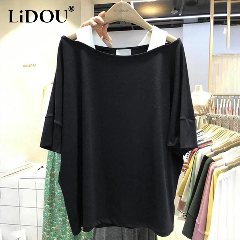 Top Trends: Korean Style Summer Oversize Women&#039;s Clothing Round Neck Off Shoulder Hollow Out Sling Fake Two Pieces Tops Women Loose T-shirt Shoppable Styles