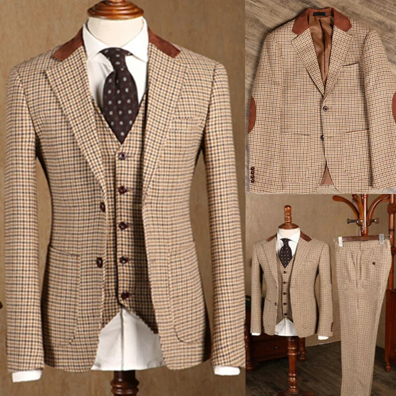 Top Trends: 2021 Brown Classic Plaid Tweed Suit For Men Slim Fit Groom Wedding Tuxedo Blazer Male Formal Business Jacket Vest Pants 3 Piece Shoppable Styles