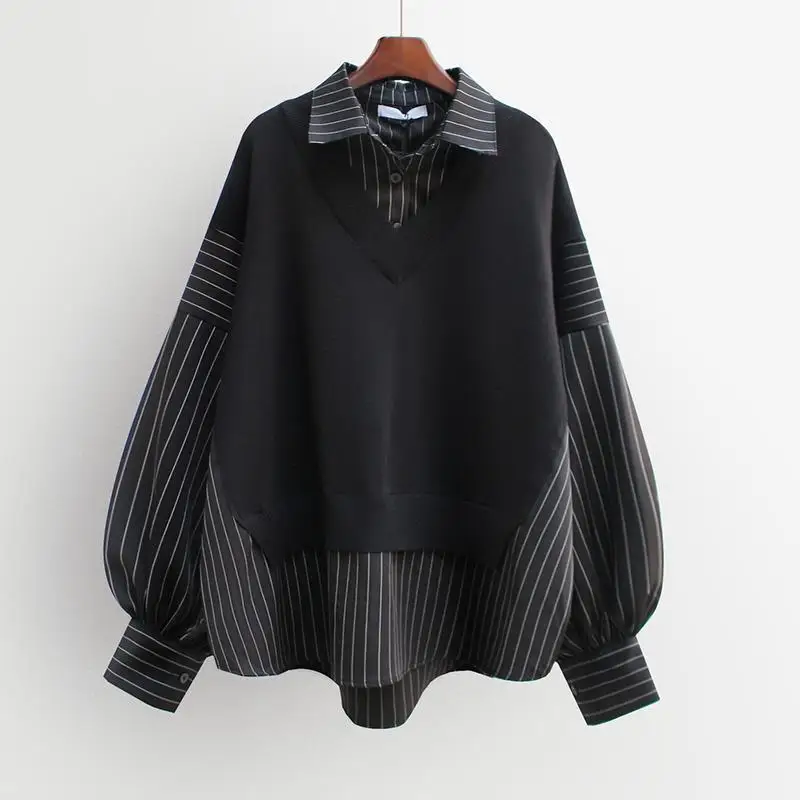 Top Trends: Fashion Spliced Striped Fake Two Pieces Blouses Women&#039;s Clothing 2023 Autumn Winter Loose Casual Pullovers Asymmetrical Shirts Shoppable Styles