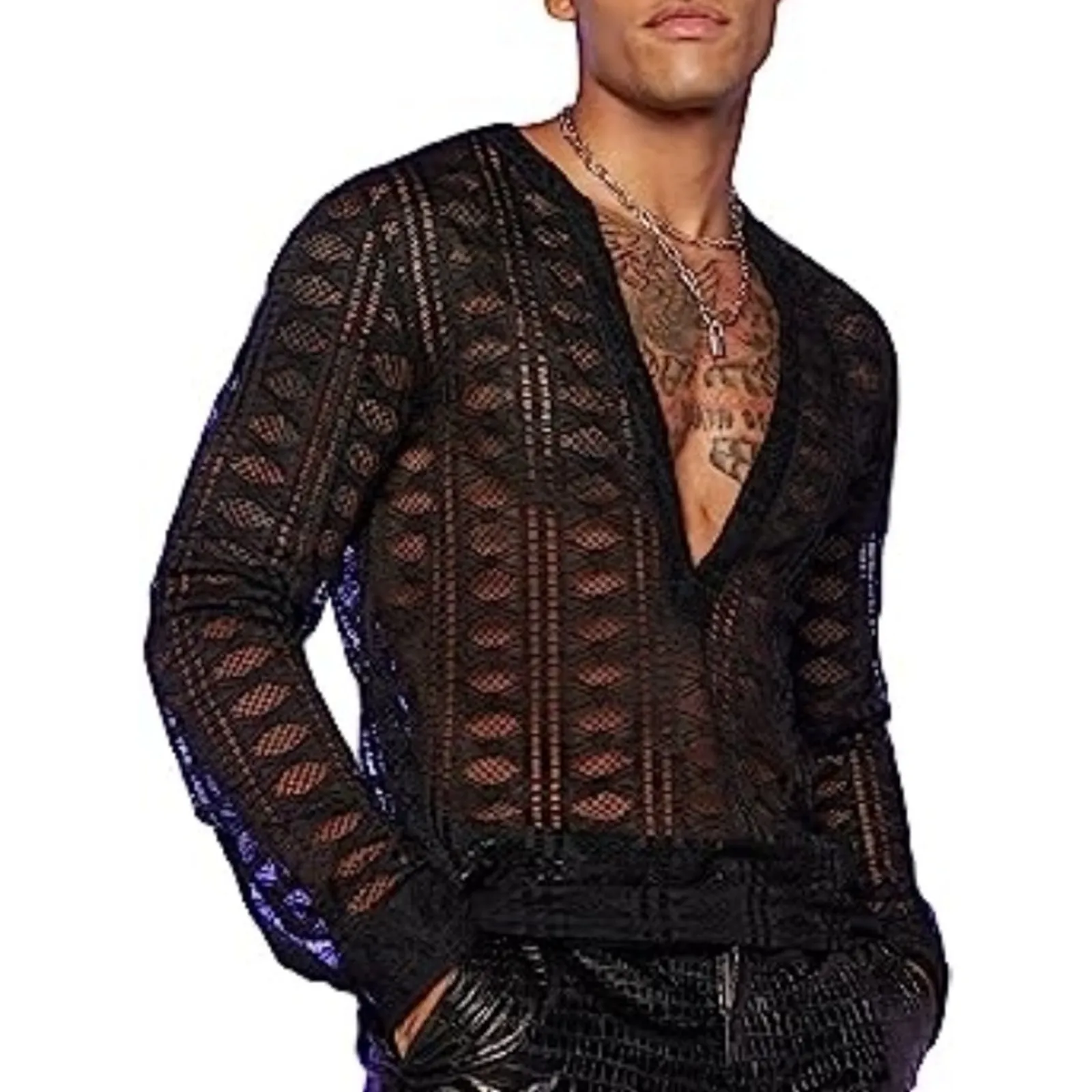 Top Trends: Men&#039;s Fishnet Blouse Sexy Deep V Neck Hollow Out Transparent Long Sleeve Shirts Solid Color Oversized Loose Nightclub Shirt Shoppable Styles