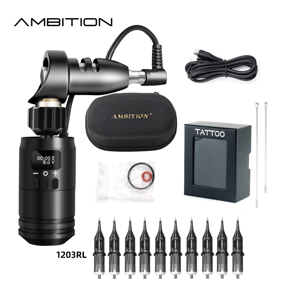 Top Trends: Ambition Rotary Cartridge Tattoo Machine Gun Kit With Wireless Tattoo Battery Grip Power 1600mAh 10PCS Cartridge Needles Shoppable Styles