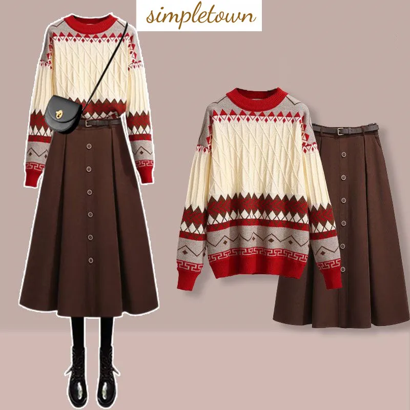 Top Trends: 2023 Winter New Vintage Diamond Knitted Sweater Pullover Coffee Half Skirt Two Piece Elegant Women&#039;s Party Dress Outfits Shoppable Styles