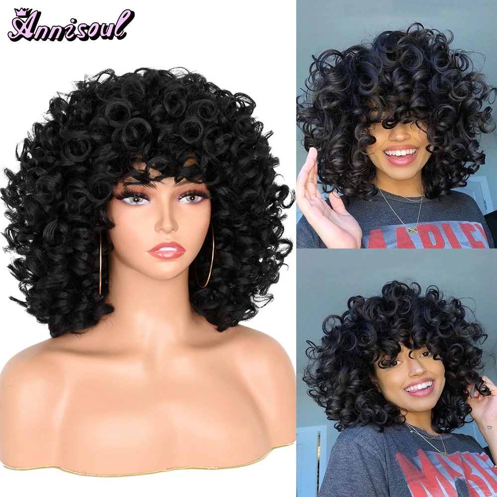 Top Trends: ANNISOUL Short Hair Afro Kinky Curly Wigs With Bangs For Black Women Fluffy Synthetic African Brown Blonde Cosplay Natural Wigs Shoppable Styles