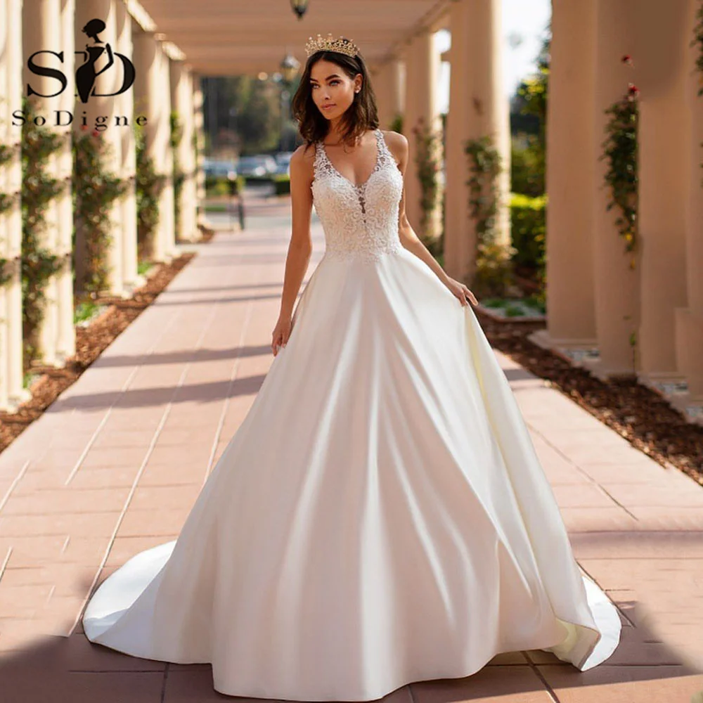 Top Trends: SoDigne Boho Satin Aline Wedding Dresses 2023 Sexy V Nack Lace Blackless Bride Dress Custom Made Sleeveless Bridal Gowns Shoppable Styles