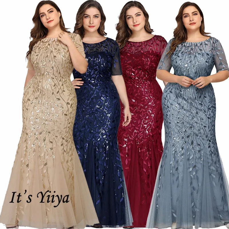 Top Trends: Mermaid Evening Gown C545 Sparkle Sequined Tulle Robe De Soiree O-Neck Floor-length Plus Size Short Sleeves Evening Dresses Shoppable Styles