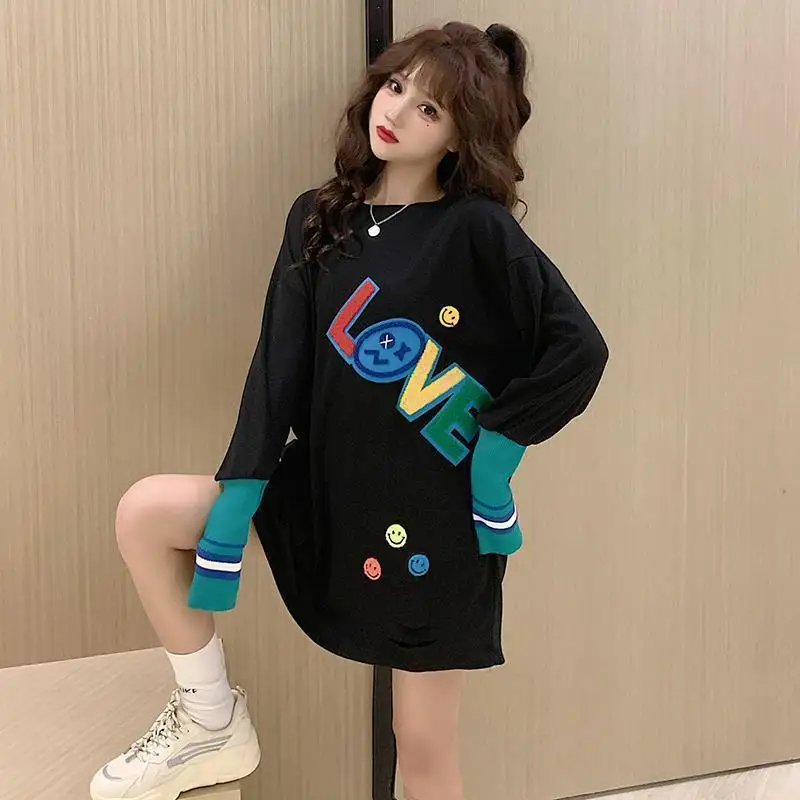 Top Trends: Fashion Printed Spliced Letter Hole T-Shirt Female Clothing 2023 Autumn New Oversized Casual Pullovers Loose Korean Tee Shirt Shoppable Styles