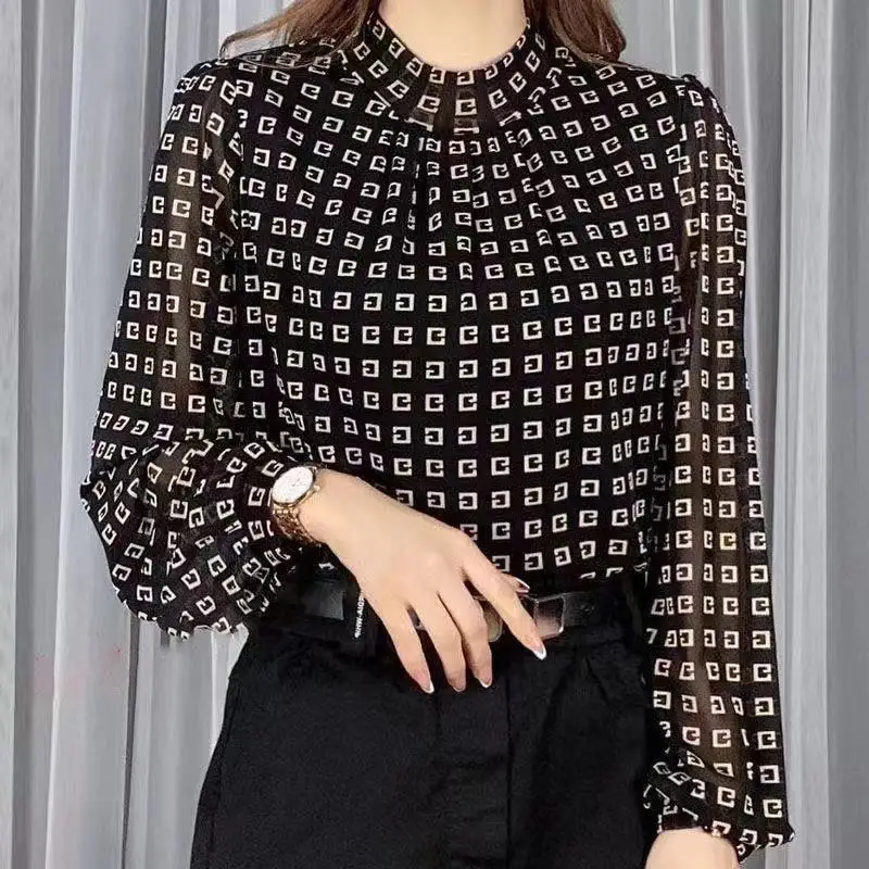 Top Trends: 2024 Spring Autumn Commute Half High Collar Plaid Fashion Printed T-shirt Patchwork Female Clothing Long Sleeve Gauze Pullovers Shoppable Styles