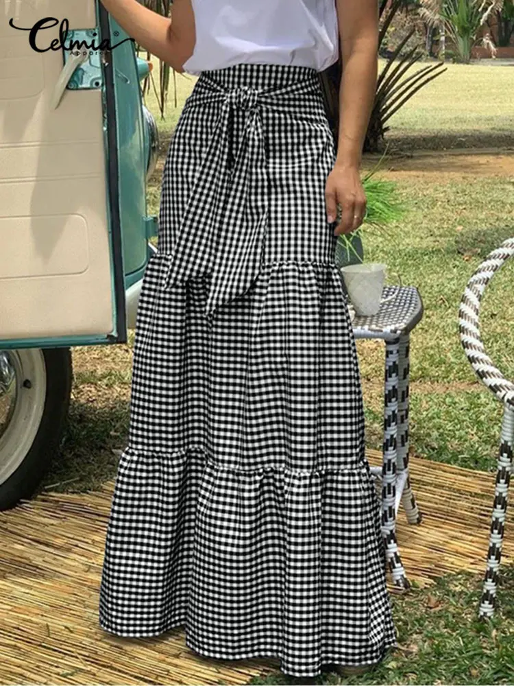 Top Trends: Women Long Maxi Skirts Celmia 2023 Autumn Vintage High-Waist Female Faldas Casual Plaid Check Loose Printed Belted Pleated Skirt Shoppable Styles