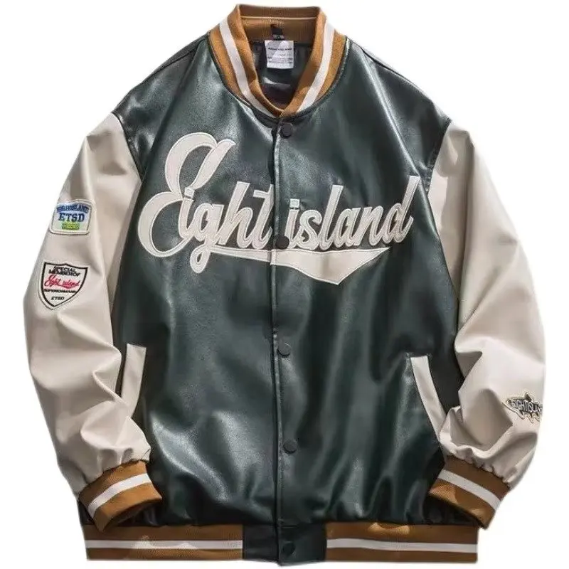 Top Trends: Baseball Uniform Jacket High Street Leather Racing Jacket Unisex Spliced American Vintage Pu Streetwear Letter Embroidery Jacket Shoppable Styles