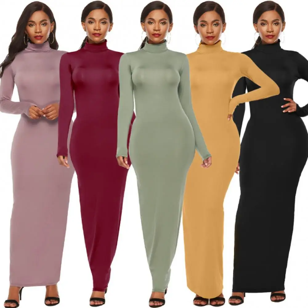 Top Trends: Women Long Dresses Plus Size Party Solid Color Women Long Sleeve Turtleneck Bodycon Dress Maxi Vestidos S-5XL Shoppable Styles