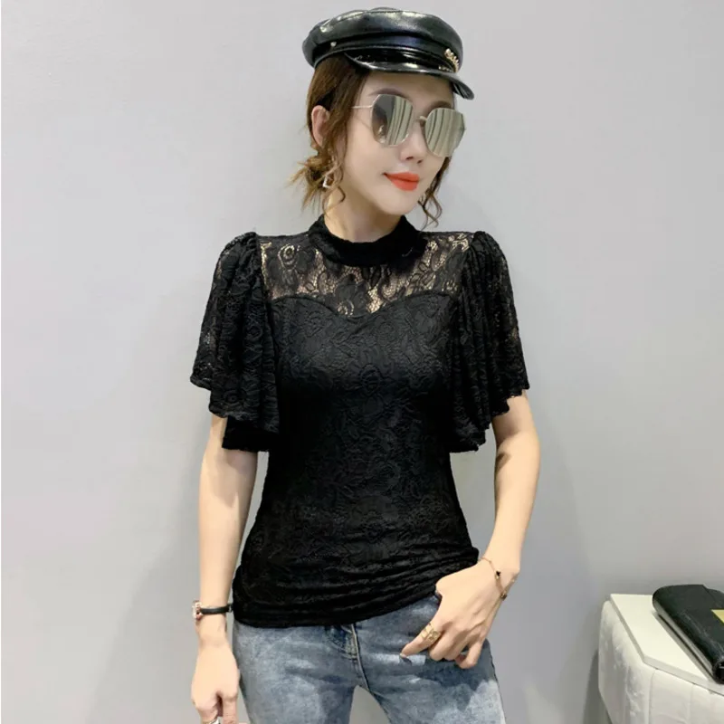 Top Trends: #7237 Black White Pink Lace T Shirt Women Stand Collar Perspective Women's T-shirt Flare Sleeve Women's Tee Shirt Sexy Summer Shoppable Styles - Image 2