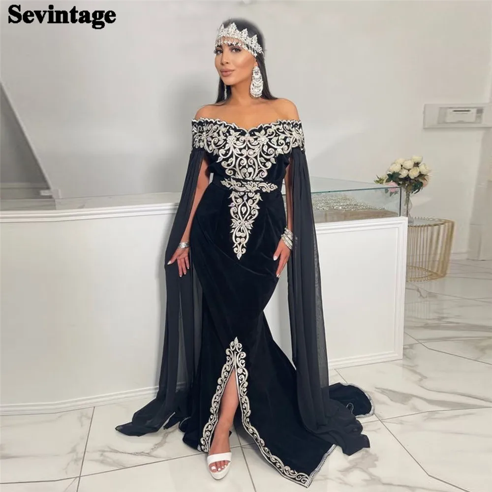 Top Trends: Sevintage Arabic Mermaid Velvet Evening Dresses Off The Shoulder Split Appliques Long Cape Sleeves Prom Gowns Algerian Outfits Shoppable Styles