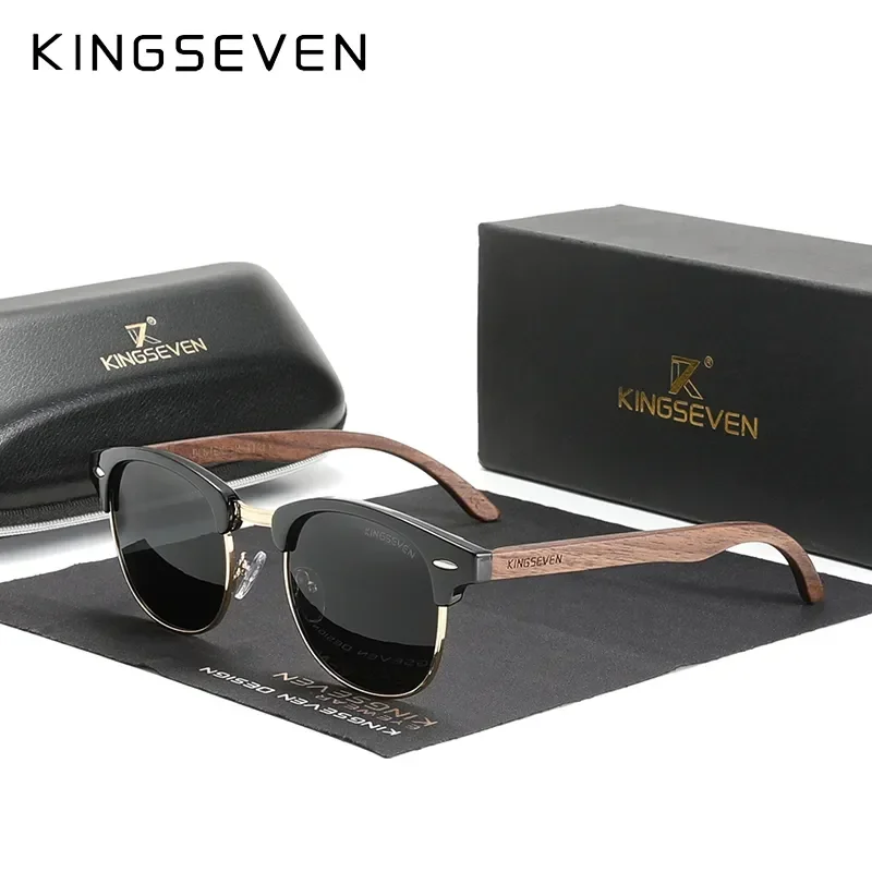 Top Trends: KINGSEVEN Handmade 2023 Black Walnut Wooden Sunglasses Men Polarized UV400 Protection Semi-Rimless Retro Eyewear Women Oculos Shoppable Styles