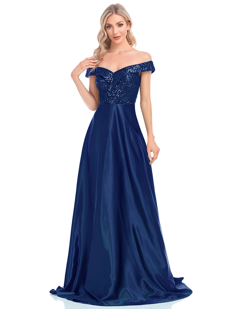 Top Trends: Lucyinlove Elegant Sequins Formal Evening Dress Long 2024 Luxury Women Off Shoulder Satin Party Blue Prom Dress Cocktail Gowns Shoppable Styles