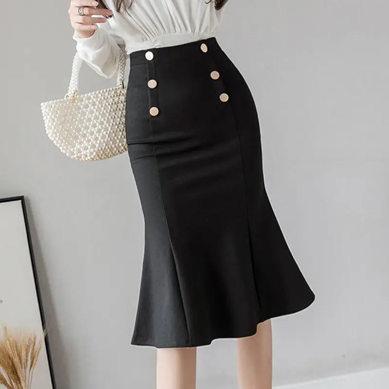 Top Trends: Korean Fashion Button Zipper Bag Hip Mermaid Skirt 2022 Summer New Elegant Office Lady Commute All-match High Waist Knee Skirts Shoppable Styles