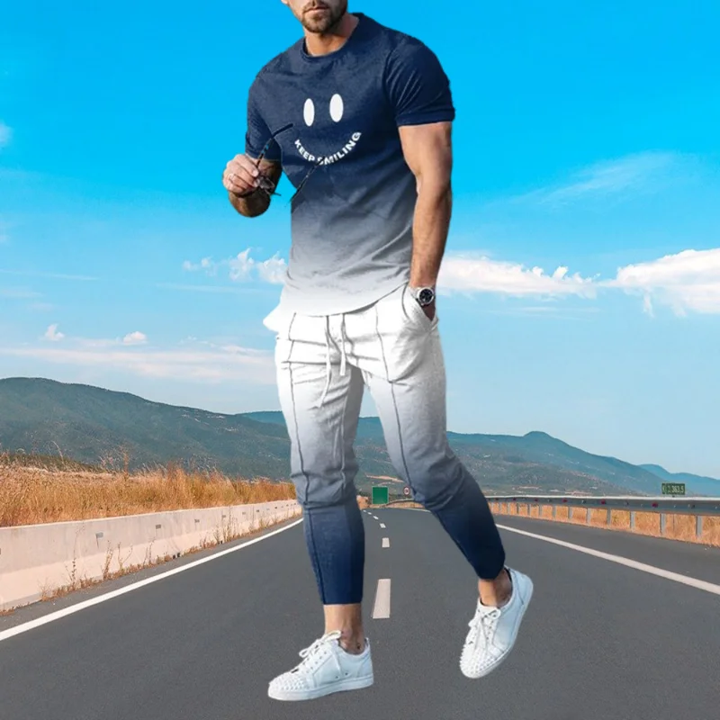 Top Trends: Summer Sportwear Suit Short Sleeve T Shirt Long Pants Men 2 Piece Sets Men Tracksuit 3D Printed Smiling Face Oversized Clothes Shoppable Styles