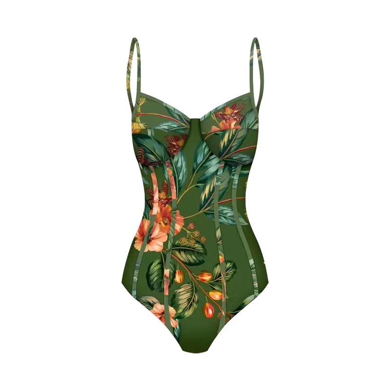 Top Trends: LANSWE Sexy High Waist Green Floral 2023 New Swimwear Women's One Piece Swimsuit Cover Up Set Printed Bodysuit Swimwear Summer Shoppable Styles - Image 2