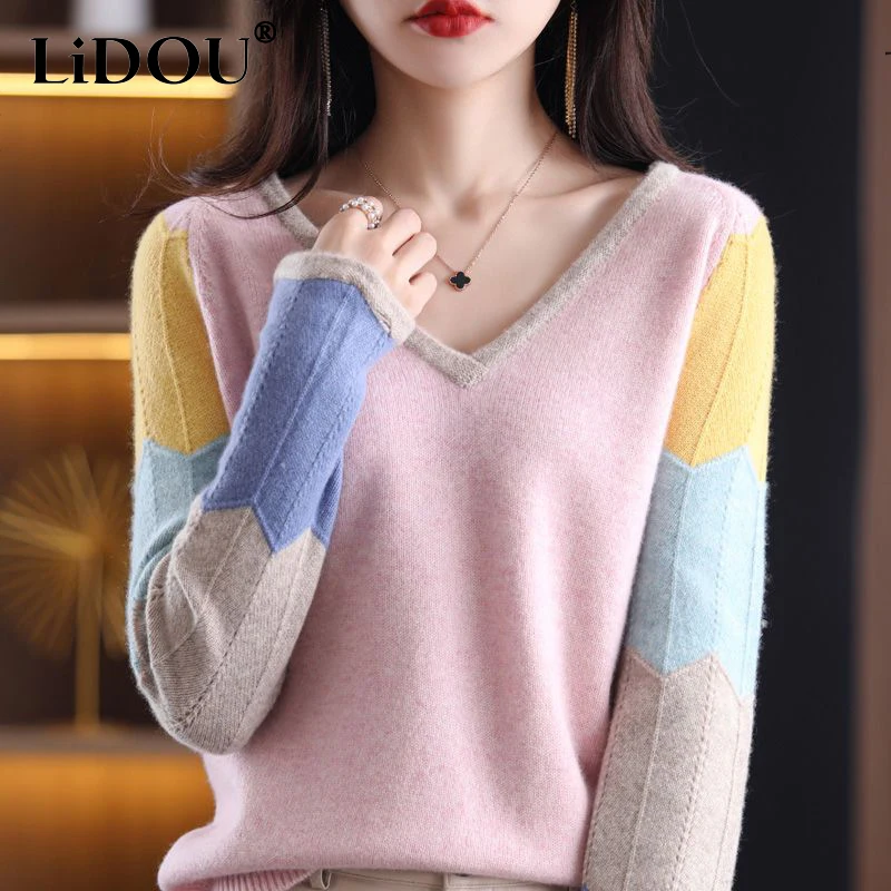 Top Trends: Autumn Winter Elegant Fashion V-neck Sweet Patchwork Sweater Women Korean Style All-match Knitting Jumpers Ladies Warm Pullover Shoppable Styles