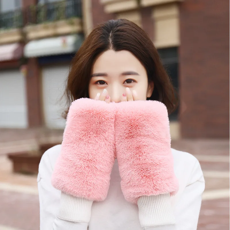 Top Trends: Winter Half Finger Gloves Imitation Rabbit Fur Gloves For Schoolgirl With Velvet Cuff Korean Fashion Furry Mittens C042 Shoppable Styles